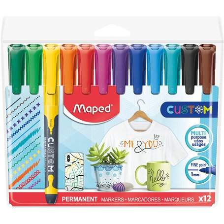 Maped Custom - Marqueur permanent fin pochette de 12 - Couleurs assorities - Pointe fine 2mm - Multi surface