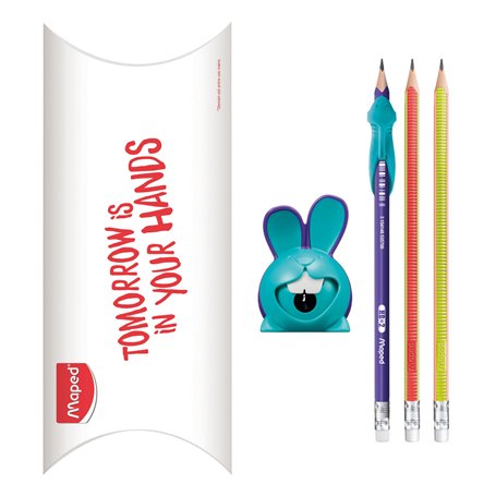 MAPED - Kit d'Apprentissage à l'Ecriture - Taille-crayon Croc Croc Lapin + 1 Crayon Graphite avec Guide-doigt Requin + 2 Crayon