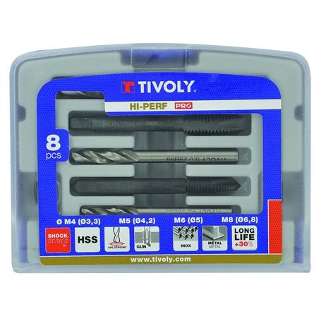 Coffret Tivoly 4 Tarauds Machines Gun Din 352 HSS M4 à M10 + 4 Forets métaux HSS