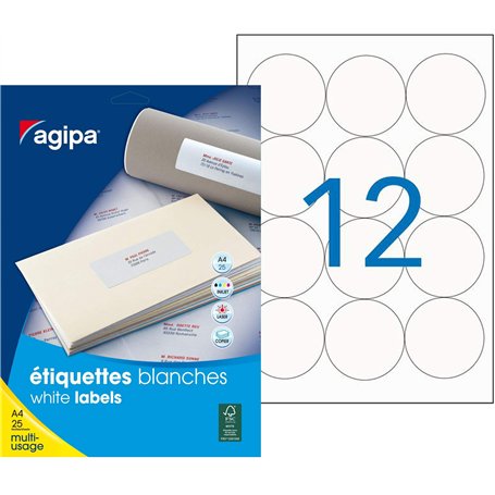 Apli Agipa – Pochette Étiquettes Rondes Adhésives Blanches Multi-Usages – 63.5 mm– Certifié FSC – 300 Étiquettes