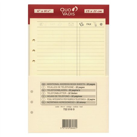 Quo Vadis - Accessoires de TIMER - Recharge FEUILLES TELEPHONE pour TIMER 21 - Papier ivoire Clairefontaine - Format 15x21cm