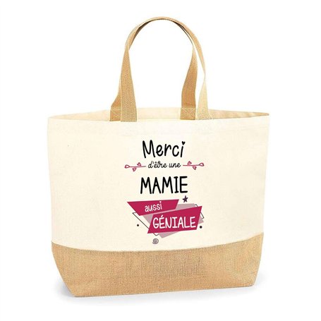 Sac Merci Mamie Géniale | Cabas de Plage Courses Coton et Toile de Jute Idée Cadeau Femme