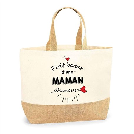 Sac Maman d'Amour | Cabas de Plage Courses Coton et Toile de Jute Idée Cadeau Femme