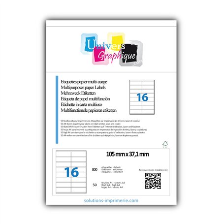 800 Etiquettes autocollantes 105 x 37 mm soit 50 Feuilles A4 de 16 étiquettes multi-usage 105x37.1 mm compatible jet d’encre