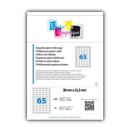 1300 étiquettes 38 x 21 (38.1 X 21.2) - Petite Etiquette blanches adhésives personnalisable. Soit 20 feuilles de 65 mini étiquet