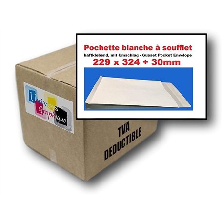 Lot de 50 enveloppe - pochette BLANCHE à soufflet C4 229 X 324 + 30 MM papier kraft blanc 120g fermeture bande adhésive autocoll