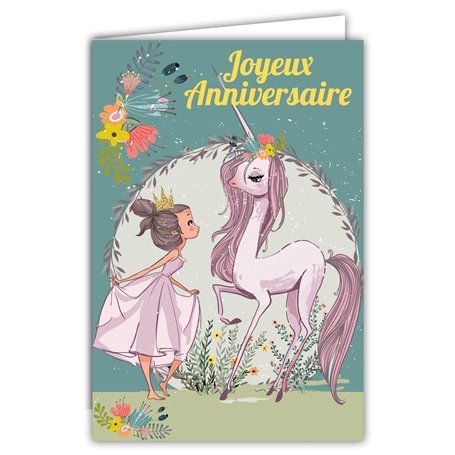 Afie 67-1110 Carte Joyeux Anniversaire Licorne Poney Fille Princesse Couronne Fleurs Roses