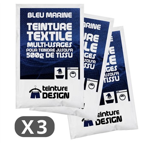 Lot de 3 sachets de Teinture Textile - BLEU MARINE - teintures universelles pour vêtements et tissus naturels