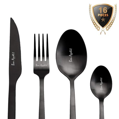 Zinello Design – Ménagère de Couverts Inox Noirs Mats pour 4 Personnes. Ensemble de Couverts de Table Personnalisés 16 Pièces en
