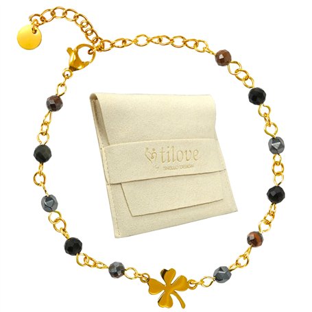TILOVE - Bracelet en Pierre Naturelle Triple Protection Lithothérapie pour Femme avec Trèfle Porte Bonheur en Acier Inoxydable.