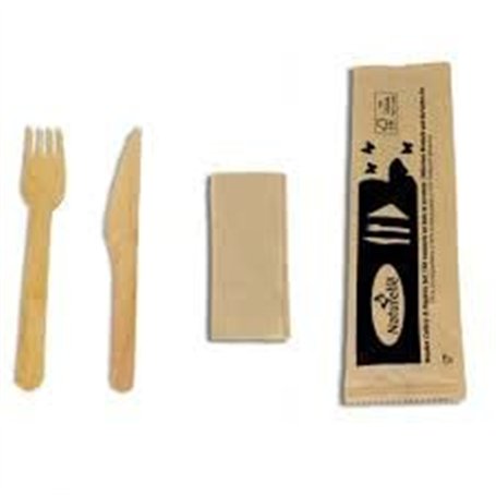 Kit Couverts Bois 3 en 1 Jetables | Lot de 100 Kits Individuels | Fourchette