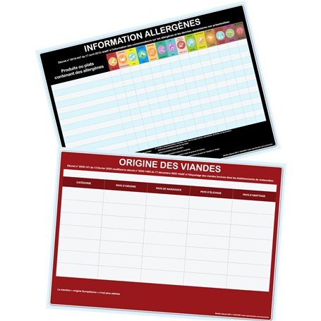 Tableau des allergènes et tableau d'origine des viandes- Affichage OBLIGATOIRE pour tout établissement de restauration - format