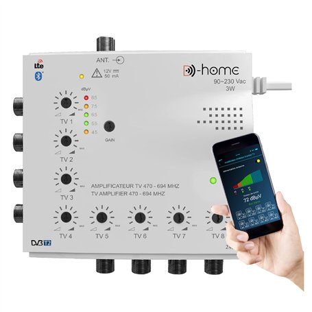 D-Home - Amplificateur TV TNT Intérieur 8 Sorties 22dB Connecté Filtré 4G-5G - Fonctionne avec l'Application Mobile TV Finder po