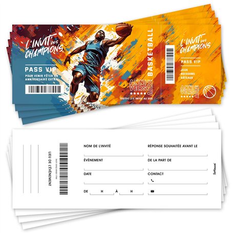 SoKawaï - Lot de 12 invitations anniversaire en Français | Thème Basketball | Format ticket | Design moderne