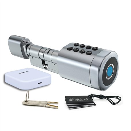 Cylindre de serrure connecté en fonte d'aluminium argent aspect inox - Passerelle Wi-Fi ajoutée - App Tuya - Accès : Code