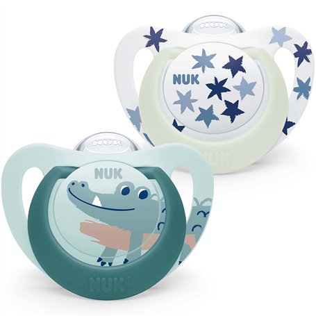 NUK Star Night & Day Tétine pour bébé | 6-18 mois | Sucettes phosphorescentes | Silicone sans BPA | Crocodile vert | 2 pièces