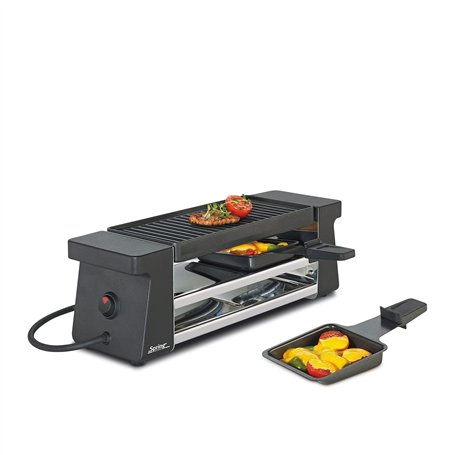 Spring Appareil à raclette Compact pour 2 Personnes - Noir - Plaque de Cuisson en Aluminium antiadhésive - 2 poêlons à raclette