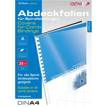 Genie 12385 lot de 25 chemises à couverture transparente format a4–transparent - 150 microns compatibles avec toutes les relieus