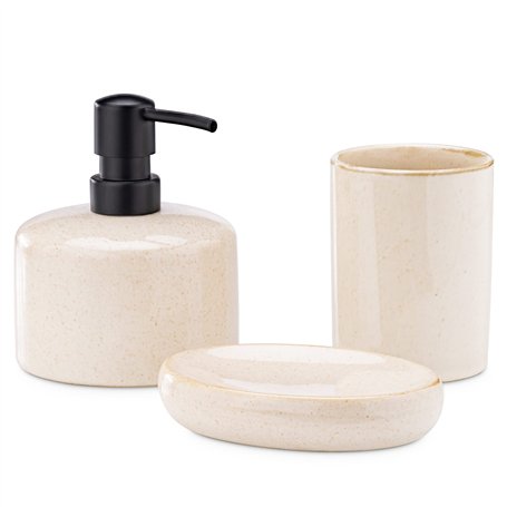 Navaris Set accessoires salle de bain - Distributeur savon liquide céramique avec porte brosse à dent soucoupe pour savon - Disp