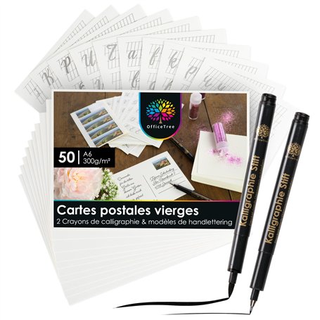 OfficeTree 50 x Carte Postale Vierge A6 - Carte Blanche Cartonnée avec 2 Stylos de Calligraphie et 12 Modèles ABC pour S'exercer
