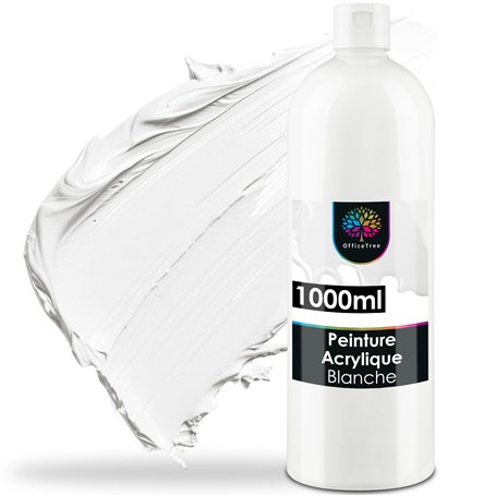 OfficeTree Peinture Acrylique Blanche 1000ml à Base d'eau - Acrylique Blanc Peinture - White Acrylic Paint - Peinture Blanche Ac