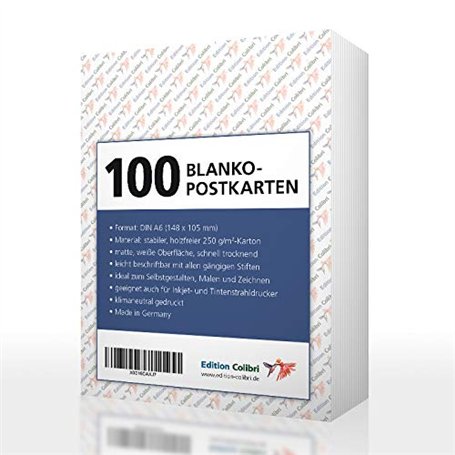 Edition Colibri Lot de 100 cartes postales vierges à personnaliser et à imprimer - Papier blanc de 250 g - Convient pour les imp