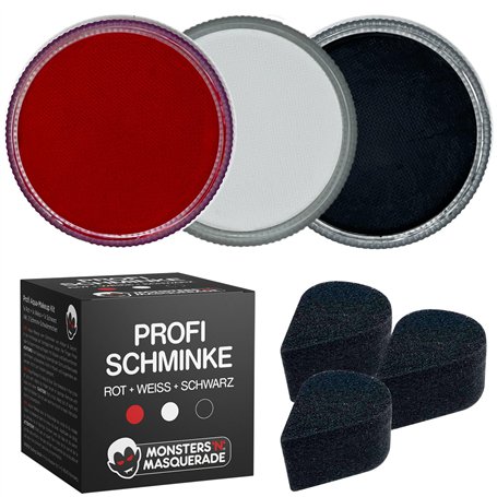 Monsters'n'Masquerade® - Maquillage Fard Aquarellable Professionnel | XXL-Set | NOIR + BLANC + ROUGE (3x 30g = 90g) | Halloween