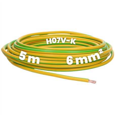 Kalitec Câble de câblage électrique H07V-K 6 mm² vert et jaune - 5 m - Flexible - Câble de terre - Conducteur de protection 6 mm