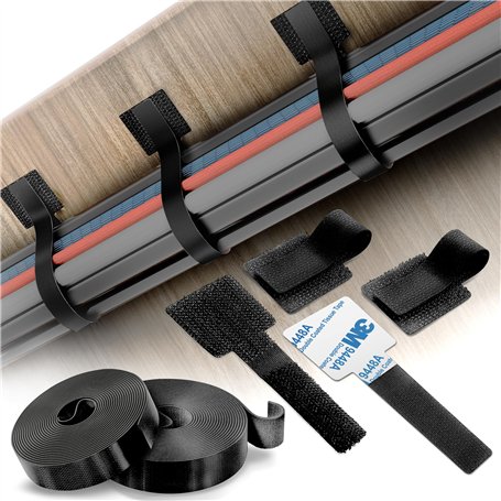 Lot de 40 attaches de câble auto-adhésives avec 2 rouleaux de sangles d'extension – Organisateur de cordons adhésif pour la gest