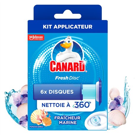 Canard WC Fresh Disc Fraîcheur Marine - Bloc WC Sans Cage Nettoyant - Nettoie à 360° - Nouvel Emballage 100% Carton - 1 Applicat