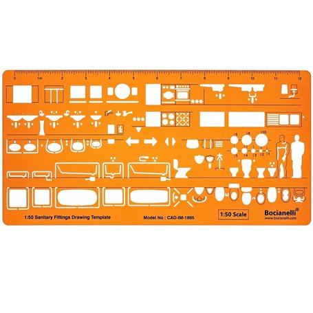 Gabarit Dessin Sanitaire 1:50 - Gabarit Architecte 1/50 - Normographe Sanitaire 1/50 - Pochoir Architecture - Gabarit de Mobilie