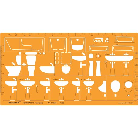 Gabarit Dessin Sanitaire 1:20 - Gabarit Architecte 1/20 - Normographe Sanitaire 1/20 - Pochoir Architecture - Gabarit de Mobilie