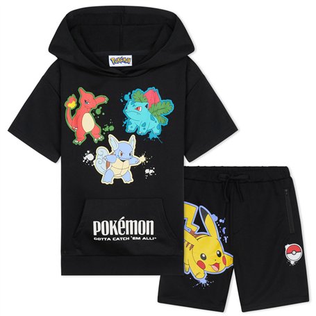 Pokemon Short à Capuche Survêtements Garçon et Ado 2 Pz Set Pikachu Manches Courtes Jogging Enfant Poches Zippées Cadeau Garcon