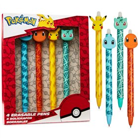 Pokémon Set de 4 Stylos Effaçables Pikachu Fournitures Scolaires Kawaii Cute Kit Papeterie Kawaii Stylo bille à Encre bleue Cade