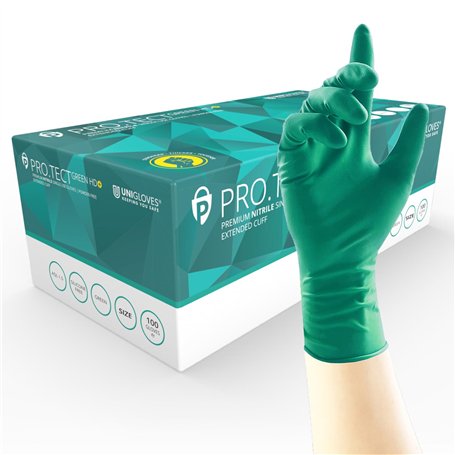 UNIGLOVES PRO.TECT Green HD+ Gants jetables en nitrile avec manchette allongée - Ultra résistants