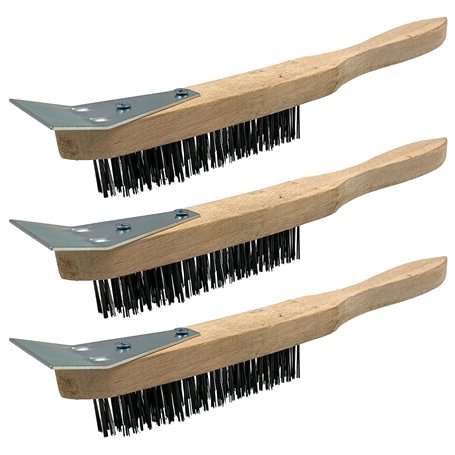 Lot de 3 brosses métalliques en bois - Brosse en acier robuste à 4 rangées avec manche en bois et grattoir en métal - Brosse mét