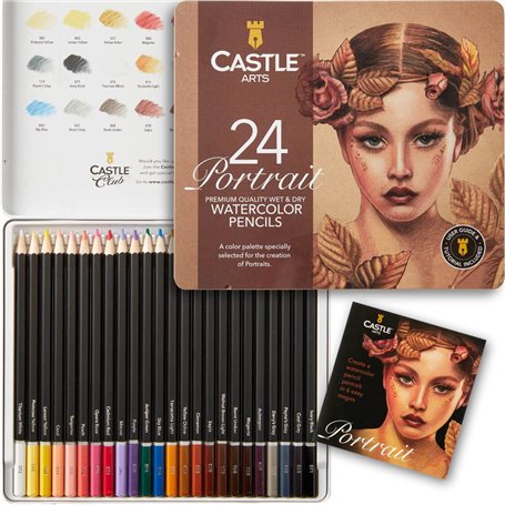 Castle Art Supplies Set de Crayons Aquarellables « Portraits » | 24 Couleurs Intenses | Dessinez et Peignez à la Fois | Pour Art