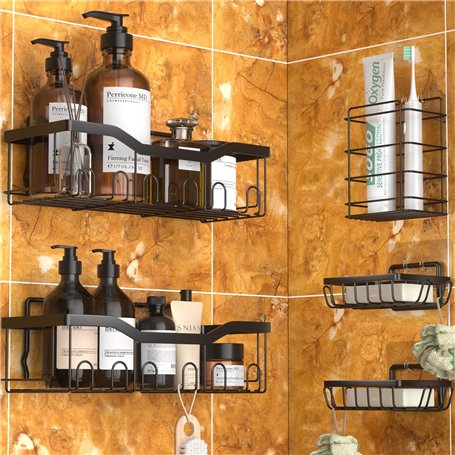 OUSFOT Étagère Douche sans Perçage 5 PCS Etagere Salle de Bain Panier Salle de Bain Support Douche Noir en Acier Inoxydable pour