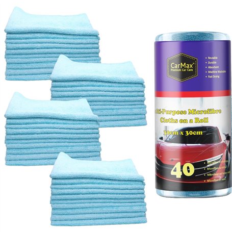 CarMax® – Lot de 40 serviettes en microfibre réutilisables pour nettoyage et nettoyage de voiture Bleu 30 x 30 cm