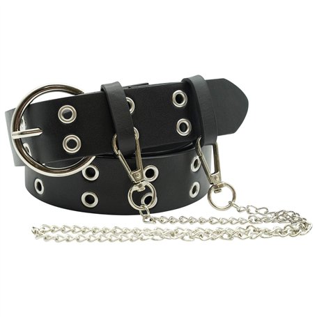 Ro Rox Reign Gothique Goth Grunge Punk Ceinture de PU avec Boucle Ronde et Chaîne - Noir