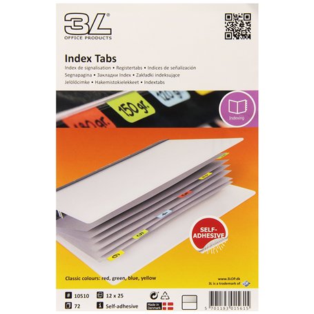 3L Index onglets Permanent Write-on Type-on 25mm Assorti Ref 10510 Lot de 72