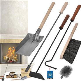 KOTARBAU® Lot de 5 ustensiles de cheminée avec tisonnier - Balai - Manche en bois - Accessoire de cheminée - Métal revêtu par pu