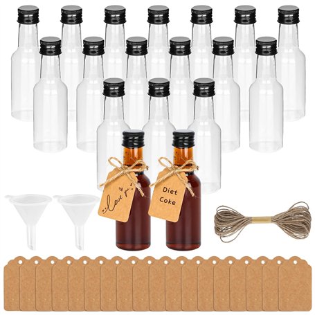 Lot de 18 mini bouteilles de liqueur en plastique de 50 ml - Petites bouteilles à remplir avec 2 mini entonnoirs - 18 étiquettes