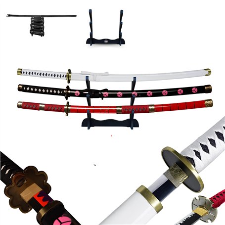 Hashiman - Triple Katana One Piece - Roronoa Zoro Shusui Wado Kitetsu - Trois Réplique Manga Sabre + Support d'Epée Bois + Tripl