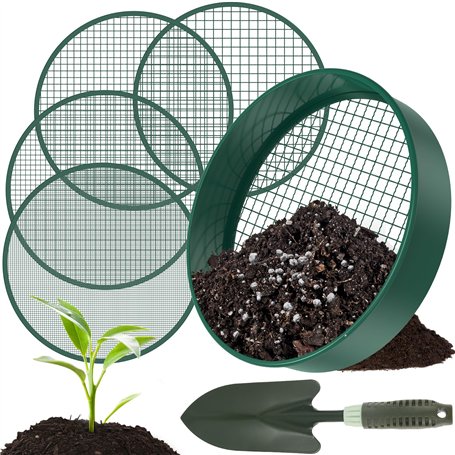 OROMYO Tamis de jardin rond 4 en 1 - 30 cm - En acier inoxydable - Avec 4 tamis interchangeables et pelle de jardin - Tamis à je