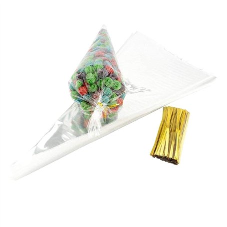 JZK 100x Sacs de cadeaux triangulaire en cellophane sachets bonbons à cône transparent avec liens torsadés pour friandises confe