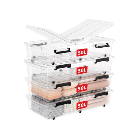 Cetomo Lot de 4 boîtes de rangement sous le lit avec couvercles et boucles durables - 50 L x 4 cm - Boîtes de rangement multi-us