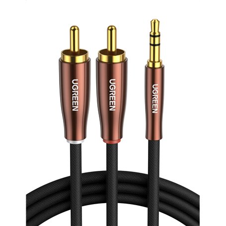 UGREEN 2M Câble RCA Jack Audio Stéréo Coton Tressé Cordon 3.5mm Mâle 2RCA Mâle Plaqué Or Compatible avec Amplificateur Autoradio