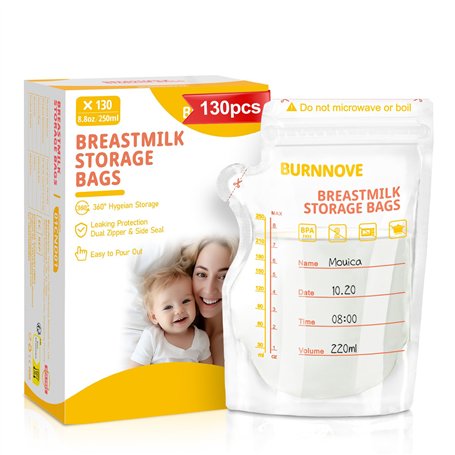 BURNNOVE Sachet Conservation Lait Maternelle 250ml Lot de 130 Sac Congelation Lait Maternelle sans BPA Pré-stérilisés Sac de Sto