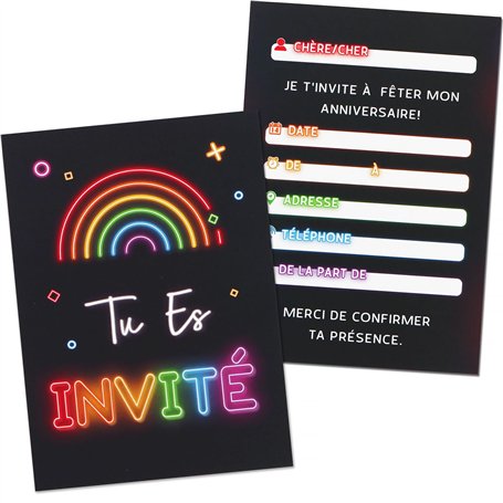 GEBETTER 12Pcs Carte Invitation Anniversaire Thème Néon pour Garçon Fille Enfant Fête Anniversaire